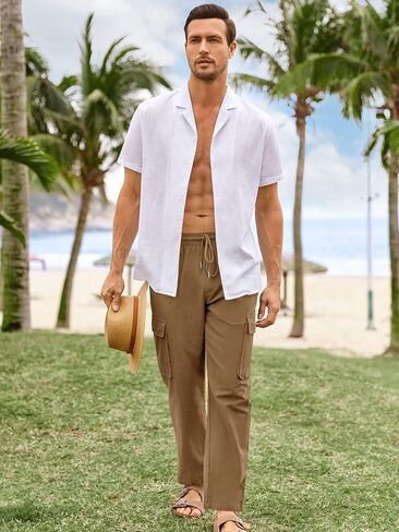 PASLTER Mens Linen Cargo Pants Lightweight Elastic Waist Drawstring Casual Loose Summer Beach Yoga Pants with Pockets in Saudi Arabia