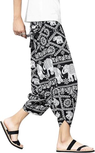 PRIJOUHE Men's Harem Capri Pants, Wide Leg Mens Capris, Summer Linen Pants in Kuwait