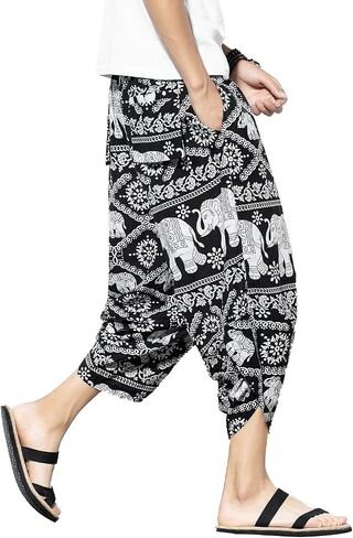 PRIJOUHE Men's Harem Capri Pants, Wide Leg Mens Capris, Summer Linen Pants in Kuwait
