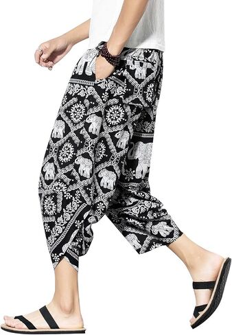 PRIJOUHE Men's Harem Capri Pants, Wide Leg Mens Capris, Summer Linen Pants in Kuwait