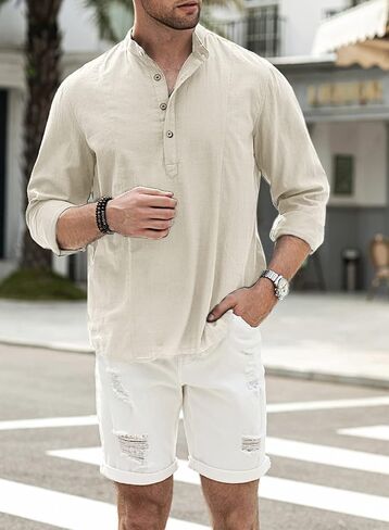 JMIERR Mens Cotton Linen Henley Shirt Casual Button Down Short Sleeve Tropical Shirts Summer Beach T Shirts in Saudi Arabia