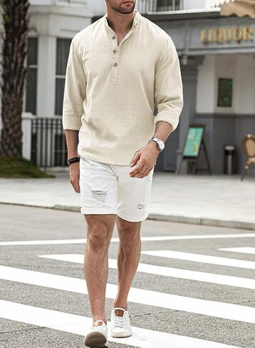JMIERR Mens Cotton Linen Henley Shirt Casual Button Down Short Sleeve Tropical Shirts Summer Beach T Shirts in Saudi Arabia