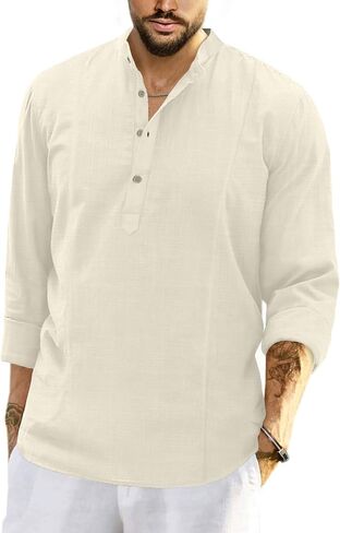 JMIERR Mens Cotton Linen Henley Shirt Casual Button Down Short Sleeve Tropical Shirts Summer Beach T Shirts in Saudi Arabia