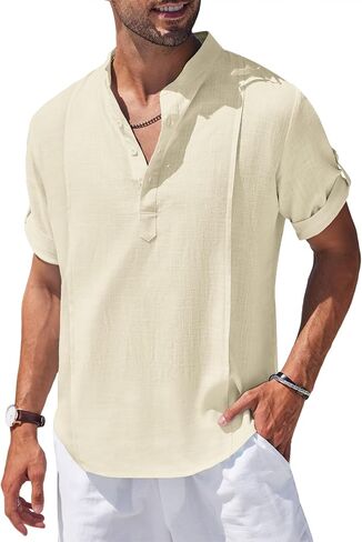 COOFANDY Men's Linen Henley Shirts Short Sleeve Casual Banded Collar Shirt Summer Beach Hippie T Shirts in Saudi Arabia