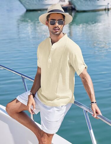 COOFANDY Men's Linen Henley Shirts Short Sleeve Casual Banded Collar Shirt Summer Beach Hippie T Shirts in Saudi Arabia