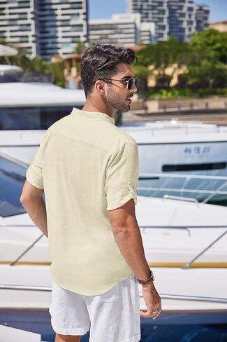 COOFANDY Men's Linen Henley Shirts Short Sleeve Casual Banded Collar Shirt Summer Beach Hippie T Shirts in Saudi Arabia