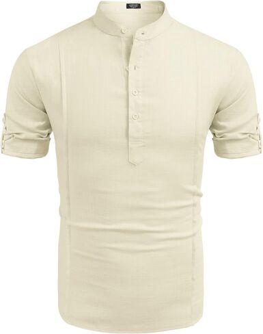 COOFANDY Men's Linen Henley Shirts Short Sleeve Casual Banded Collar Shirt Summer Beach Hippie T Shirts in Saudi Arabia