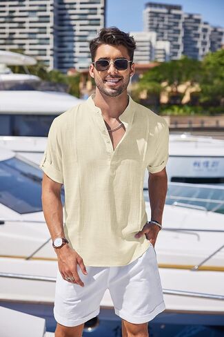 COOFANDY Men's Linen Henley Shirts Short Sleeve Casual Banded Collar Shirt Summer Beach Hippie T Shirts in Saudi Arabia