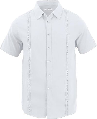 Mens Casual Linen Cotton Button Down Short Sleeve Shirts Cuban Camp Guayabera Beach Tops in Kuwait