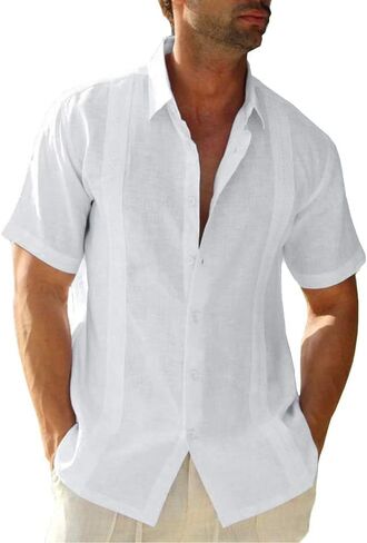 Mens Casual Linen Cotton Button Down Short Sleeve Shirts Cuban Camp Guayabera Beach Tops in Kuwait