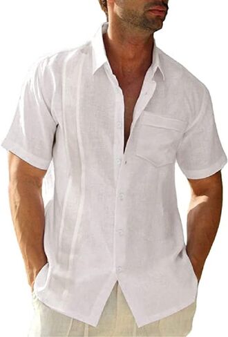 Mens Casual Linen Cotton Button Down Short Sleeve Shirts Cuban Camp Guayabera Beach Tops in Kuwait
