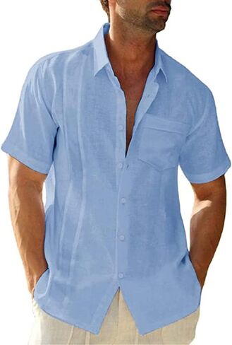 Mens Casual Linen Cotton Button Down Short Sleeve Shirts Cuban Camp Guayabera Beach Tops in Kuwait