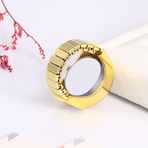 JewelryWe Men Women 7PCS Finger Watches Set Gold/Silver Plated Elastic Watch Rings Glitter Round Dial Quartz Ring Watches for Mother’s Day in Kuwait