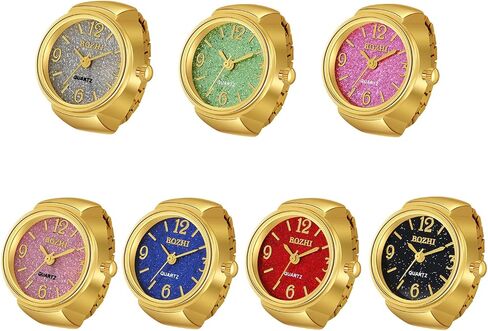 JewelryWe Men Women 7PCS Finger Watches Set Gold/Silver Plated Elastic Watch Rings Glitter Round Dial Quartz Ring Watches for Mother’s Day in Kuwait