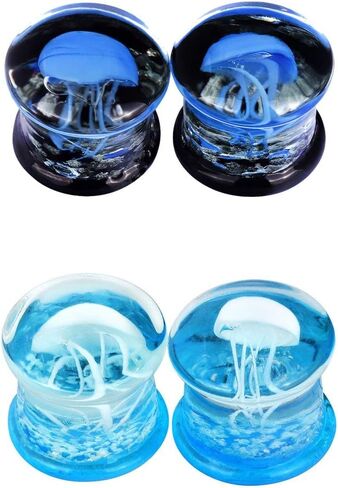 Stuppendux 4 Style 2Set Color Ocean Jellyfish Glass Double Flared Ear Plugs Tunnels Expander Stretching Kit Gauge 0g-5/8 8-16mm in Kuwait