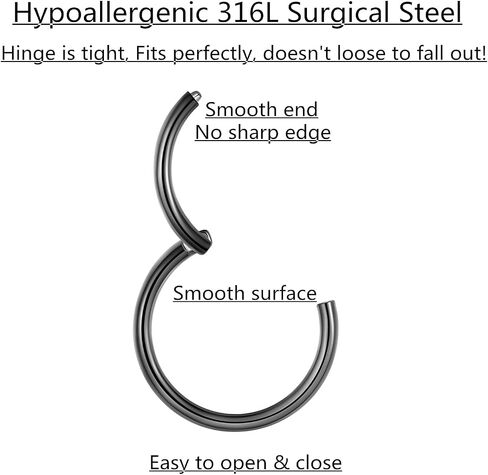 LOVEBODYJEWELRY Hypoallergenic Hinged Hoop Nose Rings 20G 18G 16G 14G 12G 10G 8G Diameter 5mm to 16mm 316L Surgical Steel Septum Ring Body Piercing Jewelry Helix Cartilage Earrings in Kuwait