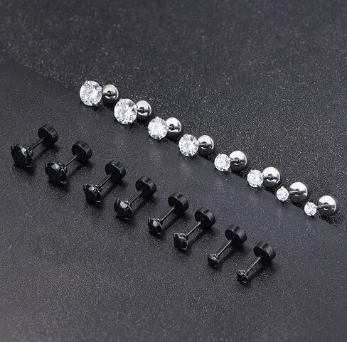 ORAZIO 6-8 Pairs 18G Stainless Steel Ear Stud Piercing Barbell Studs Earrings Round Cubic Zirconia Inlaid Cartilage Earring in Saudi Arabia
