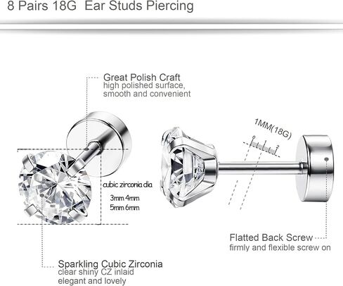 ORAZIO 6-8 Pairs 18G Stainless Steel Ear Stud Piercing Barbell Studs Earrings Round Cubic Zirconia Inlaid Cartilage Earring in Saudi Arabia