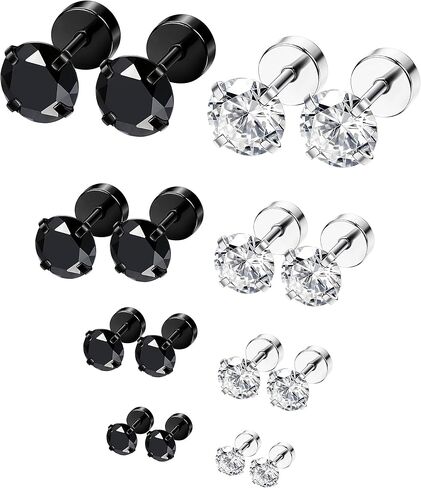 ORAZIO 6-8 Pairs 18G Stainless Steel Ear Stud Piercing Barbell Studs Earrings Round Cubic Zirconia Inlaid Cartilage Earring in Saudi Arabia