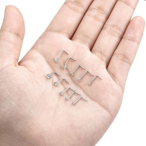 Tornito 20G 10 قطع من الفولاذ المقاوم للصدأ L المسمار على شكل عظمة الأنف ترصيع خواتم مربعة دائرية CZ الأنف الدائري Labret الأنف ثقب المجوهرات للرجال النساء الفضة لهجة 1.5mm-2mm-2.5mm-3mm-3.5mm CZ in Kuwait