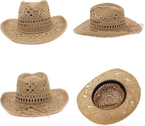 EOZY Men & Women's Summer Cowboy Cowgirl Straw Hat Hollow Out Woven Roll Up Wide Brim Hat in Saudi Arabia