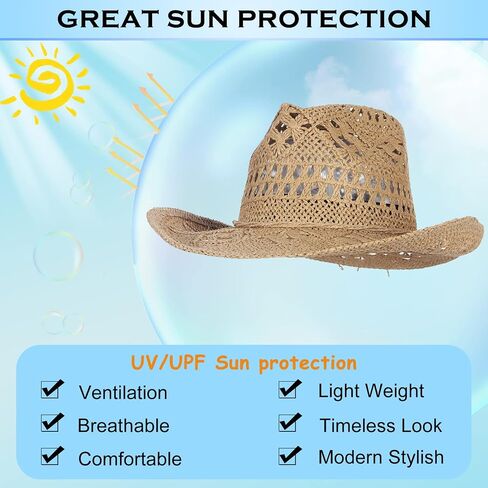 EOZY Men & Women's Summer Cowboy Cowgirl Straw Hat Hollow Out Woven Roll Up Wide Brim Hat in Saudi Arabia