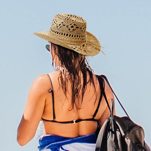 EOZY Men & Women's Summer Cowboy Cowgirl Straw Hat Hollow Out Woven Roll Up Wide Brim Hat in Saudi Arabia