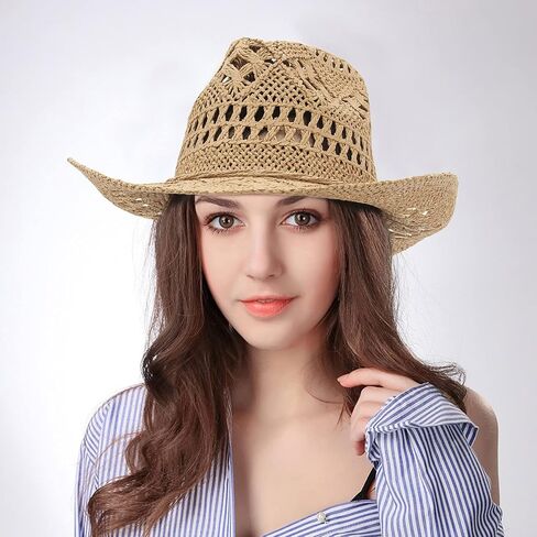 EOZY Men & Women's Summer Cowboy Cowgirl Straw Hat Hollow Out Woven Roll Up Wide Brim Hat in Saudi Arabia
