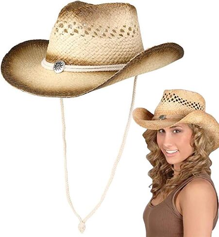 قبعة رعاة البقر من شركة Dreidel Company، قبعة رعاة البقر ذات فتحات تهوية غربية من القش الملطخ بالشاي، مقاس متوسط ​​للبالغين 55.88 سم in Kuwait