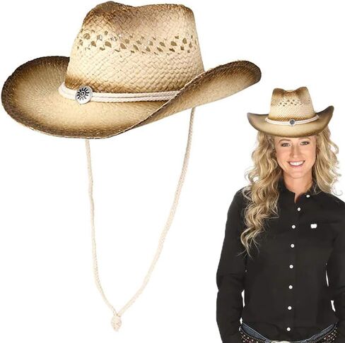 قبعة رعاة البقر من شركة Dreidel Company، قبعة رعاة البقر ذات فتحات تهوية غربية من القش الملطخ بالشاي، مقاس متوسط ​​للبالغين 55.88 سم in Kuwait