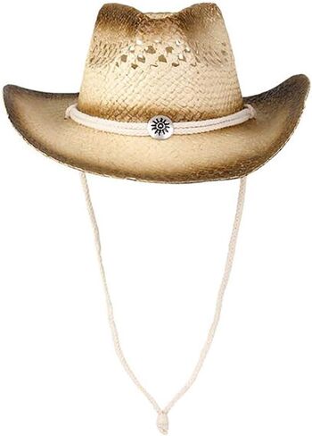 قبعة رعاة البقر من شركة Dreidel Company، قبعة رعاة البقر ذات فتحات تهوية غربية من القش الملطخ بالشاي، مقاس متوسط ​​للبالغين 55.88 سم in Kuwait