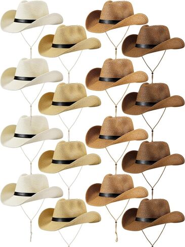12 Pcs Summer Straw Cowboy Cowgirl Hat for Women Men Western Straw Hat Bulk Wide Brim Floppy UV Protection Hat with Wind Lanyard Costume Accessories for Outdoor Beach Fishing 4 Color in Saudi Arabia