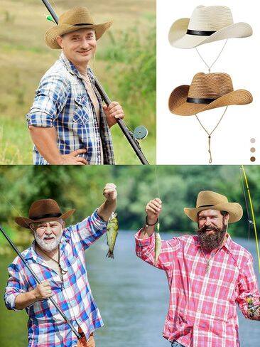 12 Pcs Summer Straw Cowboy Cowgirl Hat for Women Men Western Straw Hat Bulk Wide Brim Floppy UV Protection Hat with Wind Lanyard Costume Accessories for Outdoor Beach Fishing 4 Color in Saudi Arabia