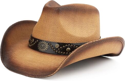 Melesh Adult Sun Straw Women Men Cowgirl Western Cowboy Hat Colored in Kuwait