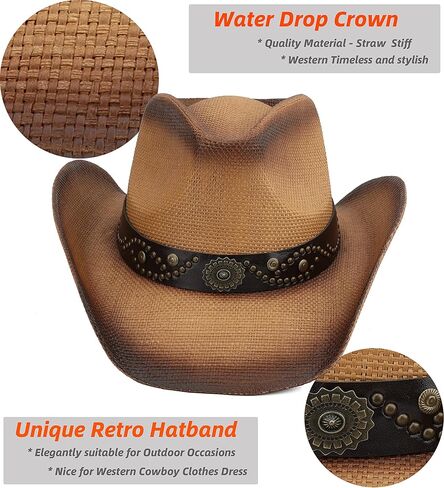 Melesh Adult Sun Straw Women Men Cowgirl Western Cowboy Hat Colored in Kuwait