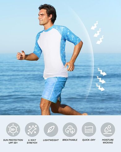 Runhit Rash Guard للرجال كم قصير UPF50 + قميص سباحة رجالي للحماية من أشعة الشمس فوق البنفسجية قميص مائي للرجال قميص سباحة سريع الجفاف in Saudi Arabia