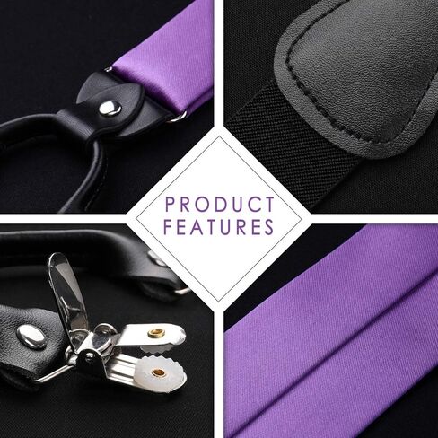 HISDERN Bow Tie and Suspenders for Men Suspender and Bowtie Handkerchief Set Adjustable Y Shape 6 Clips Wedding Brace in Kuwait