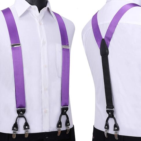 HISDERN Bow Tie and Suspenders for Men Suspender and Bowtie Handkerchief Set Adjustable Y Shape 6 Clips Wedding Brace in Kuwait