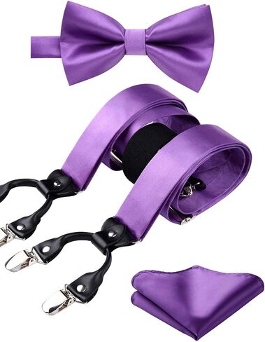 HISDERN Bow Tie and Suspenders for Men Suspender and Bowtie Handkerchief Set Adjustable Y Shape 6 Clips Wedding Brace in Kuwait