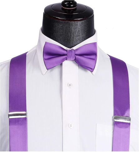 HISDERN Bow Tie and Suspenders for Men Suspender and Bowtie Handkerchief Set Adjustable Y Shape 6 Clips Wedding Brace in Kuwait