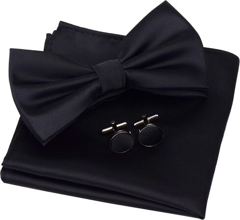 GUSLESON Mens Solid Color Double Fold Pre-tied Bow Tie and Pocket Square Cufflink Set with Gift Box in Saudi Arabia