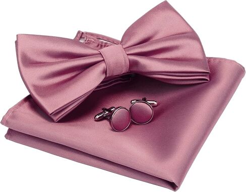 GUSLESON Mens Solid Color Double Fold Pre-tied Bow Tie and Pocket Square Cufflink Set with Gift Box in Saudi Arabia