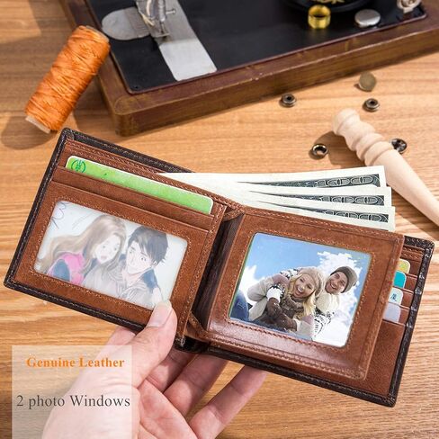 محافظ BULLCAPTAIN RFID للرجال محفظة جيب أمامي من الجلد الطبيعي رفيعة ثنائية الطي مع 2 ID Windows QB-05 (بني) in Saudi Arabia
