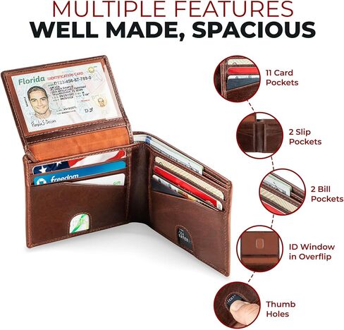 BULL GUARD Mens RFID Blocking Bifold Wallet Soft Genuine Leather Brown Western | Secure and Durable Extra Capacity Billfold with 11 Credit Cards, Flip Up ID in Saudi Arabia