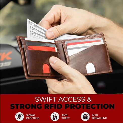 BULL GUARD Mens RFID Blocking Bifold Wallet Soft Genuine Leather Brown Western | Secure and Durable Extra Capacity Billfold with 11 Credit Cards, Flip Up ID in Saudi Arabia