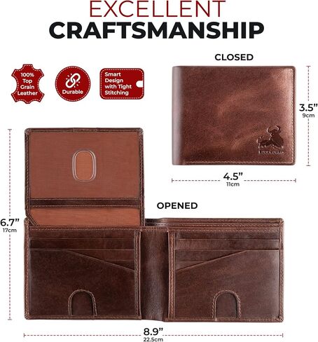BULL GUARD Mens RFID Blocking Bifold Wallet Soft Genuine Leather Brown Western | Secure and Durable Extra Capacity Billfold with 11 Credit Cards, Flip Up ID in Saudi Arabia