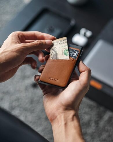 VULKIT المنبثقة حامل بطاقة الائتمان المحفظة مع فتحات جلدية إضافية RFID حجب حالة بطاقة معدنية ضئيلة للرجال أو النساء (أسود) in Kuwait