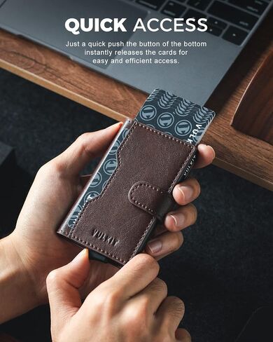 VULKIT Slim Bifold Pop up Wallet Minimalist Leather Card Holder RFID Blocking Metal Card Case with ID Window for Women | with Leather Slots in Kuwait