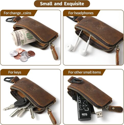 حامل مفاتيح من الجلد الحقيبة العتيقة حامل مفتاح السيارة اليدوية انغلق حقيبة العملات المعدنية محفظة المال حامل سماعة كابل شحن بطاقات الذاكرة المنظم، براون RS117-8 in Kuwait
