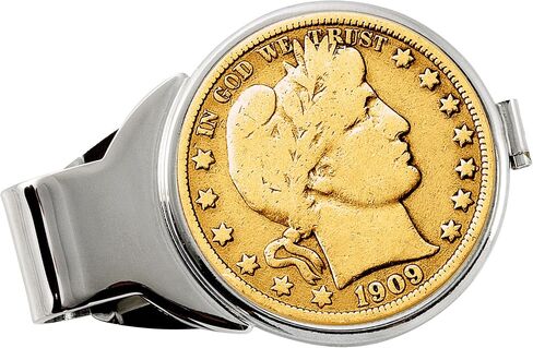 Coin Money Clip - Silver Barber Half Dollar Layered in Pure 24k Gold | Brass Moneyclip Layered in Silver-Tone Rhodium | Holds Currency, Credit Cards, Cash | Genuine U.S. Coin in Kuwait